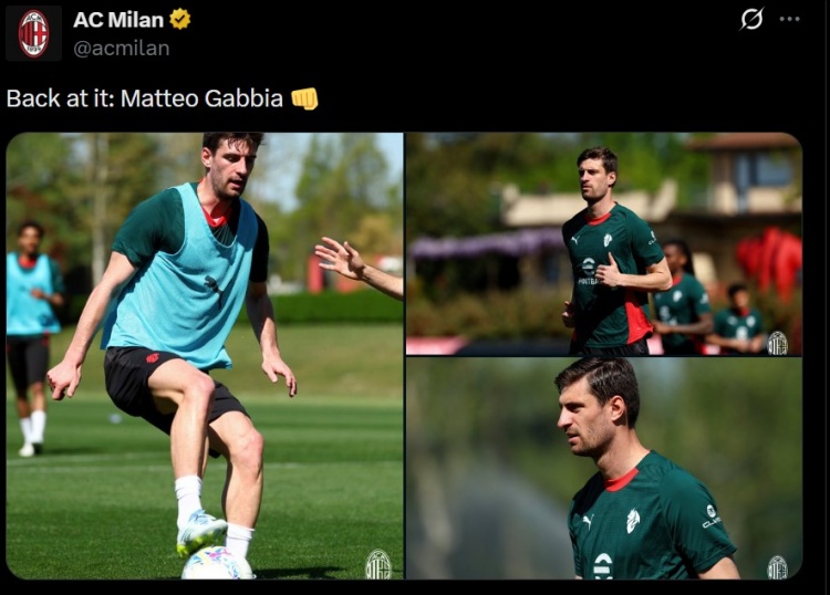 kaiyun-米兰官方晒照，自2月底以来一直因伤缺阵的加比亚回归合练